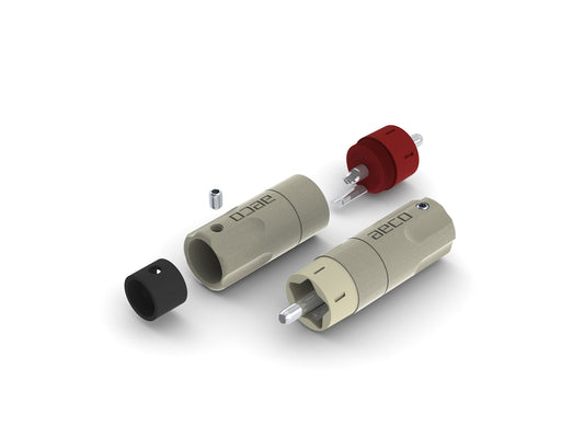 A set of vacuum bag components with standard RCA connectors, including metallic and non-metallic parts.